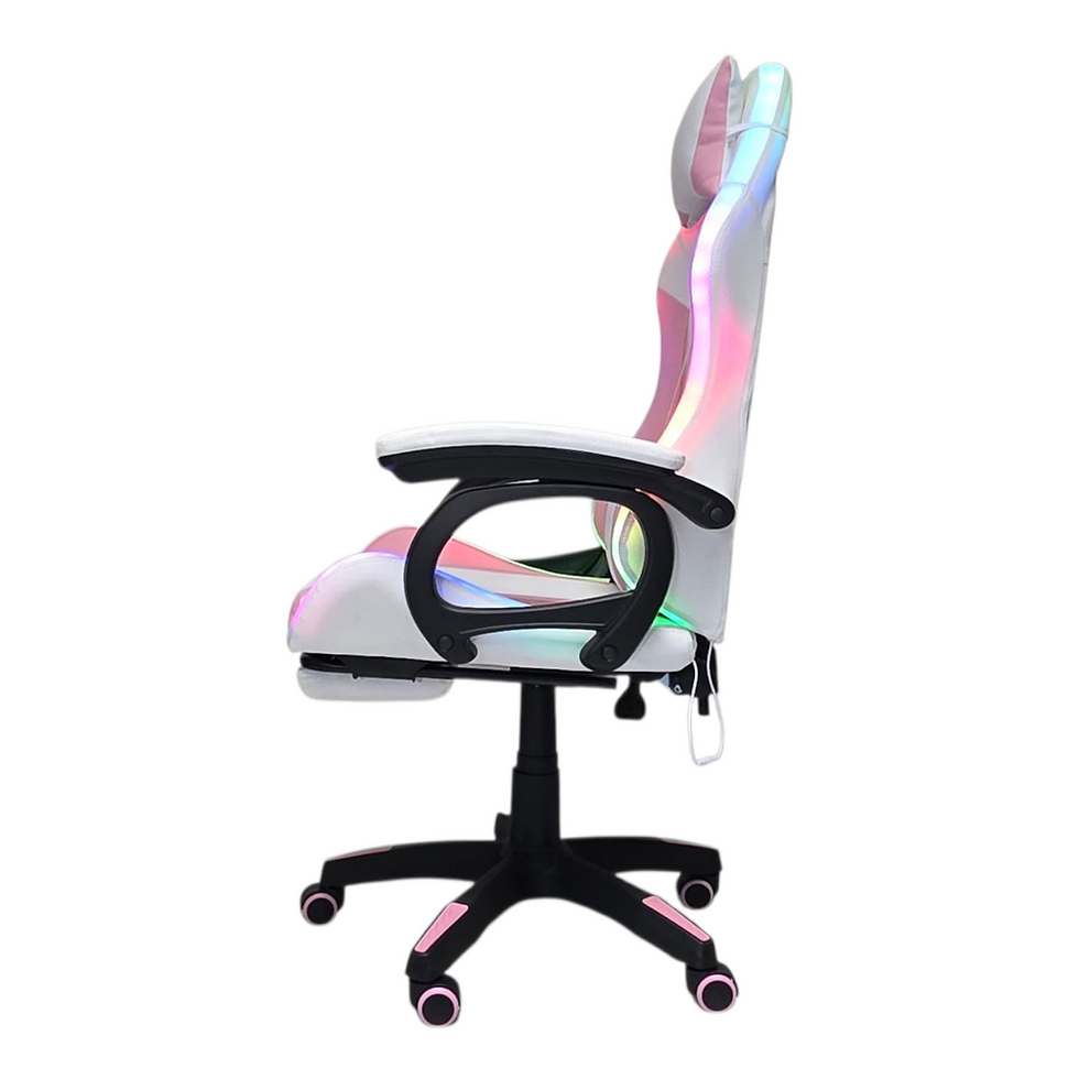 Miniatura: Silla Gamer Led RGB con masajeador, descansa pies, reclinable  Rosa con Blanco