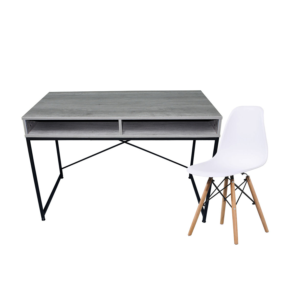 Kit Escritorio con entrepaño color gris con silla mallorca blanca