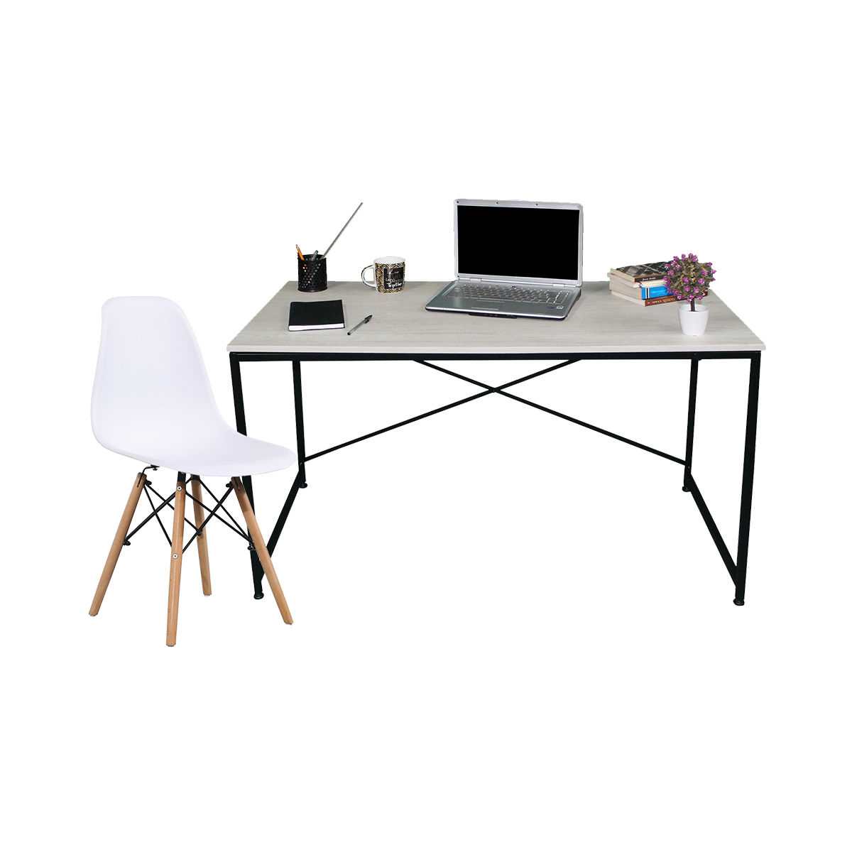 Kit Escritorio mesa de trabajo color encino con silla mallorca blanca