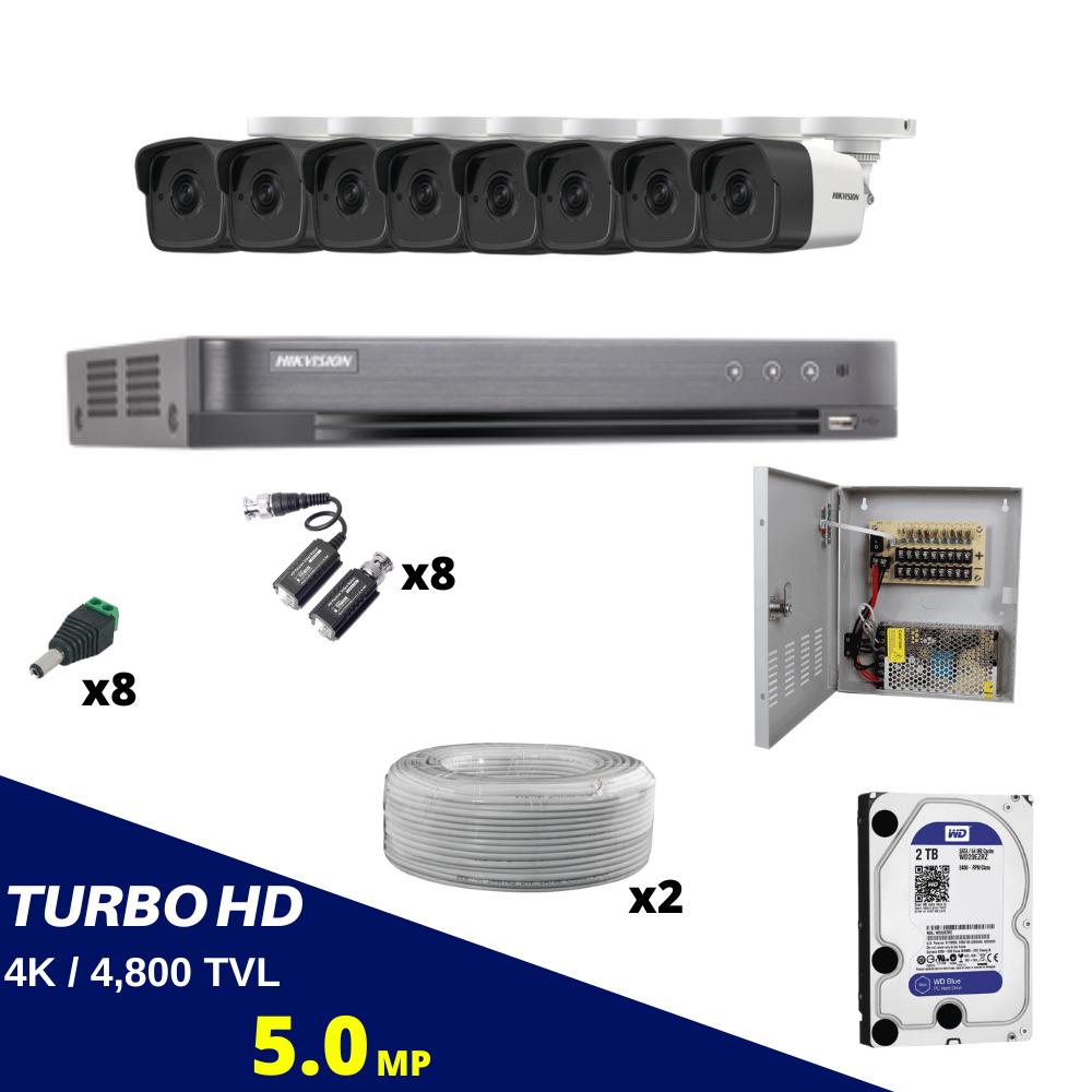 Kit 8 Camaras Bullet 5MP Hikvision con Disco Duro 2TB