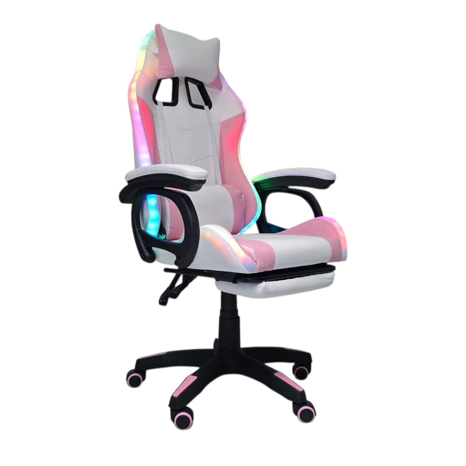 Silla Gamer Led RGB con masajeador, descansa pies, reclinable Rosa con Blanco