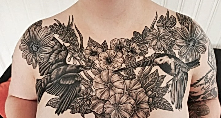 Flowers and birds Chest Tattoo