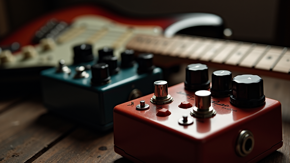 Close-up view of electric guitar amplifier and effects pedals