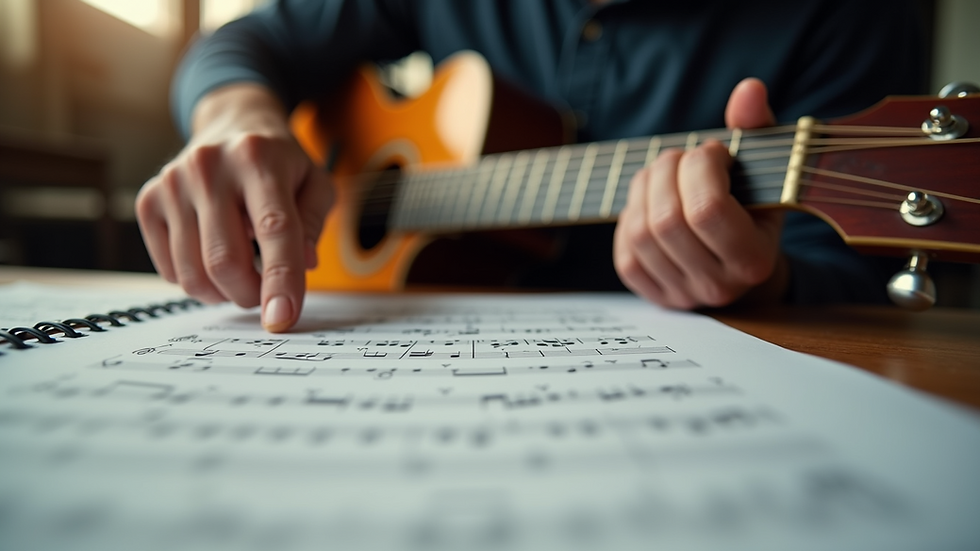 Eye-level view of a guitar tutor pointing at sheet music during a lesson