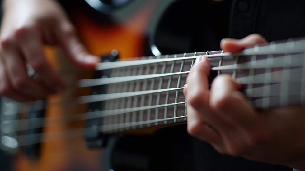 Close-up view of bass guitar fretboard with fingers pressing strings