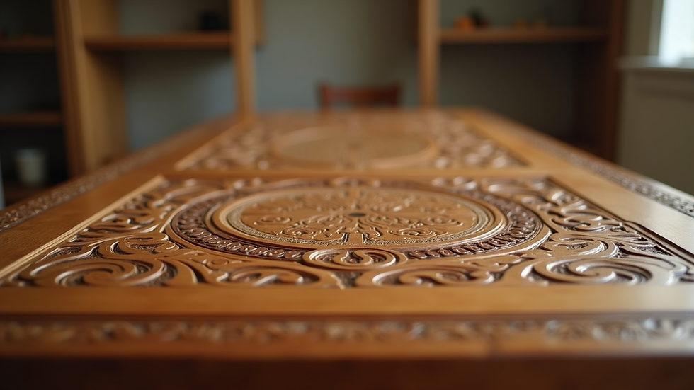 Eye-level view of a beautifully crafted wooden table with intricate designs