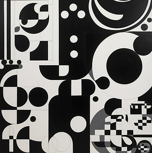 Obraz wygenerowany przez sztuczną inteligencję zawierający białe i czarne kwadraty oraz kółka