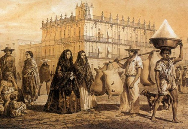 Escena colonial mexicana del siglo XIX, al fondo se observa el Colegio de San Ildefonso. ("Trajes mexicanos", litografía de Casimiro Castro)