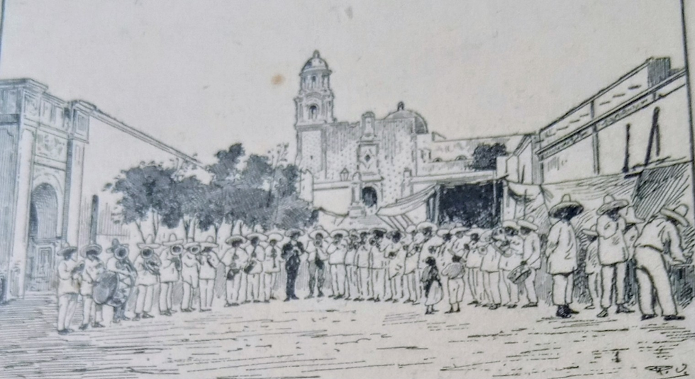 Grabado del templo parroquial de la villa de Chiautla de Tapia de Raoul Vion (Imagen tomada de: Luis Casarrubias Ibarra. "Mi patria Chica". Librería de la Vda. de Bouret. Paris y México, 1910).