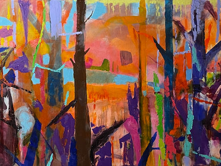 Rick Osborn’s colorful abstract painting with layered brushwork and dark vertical forms.