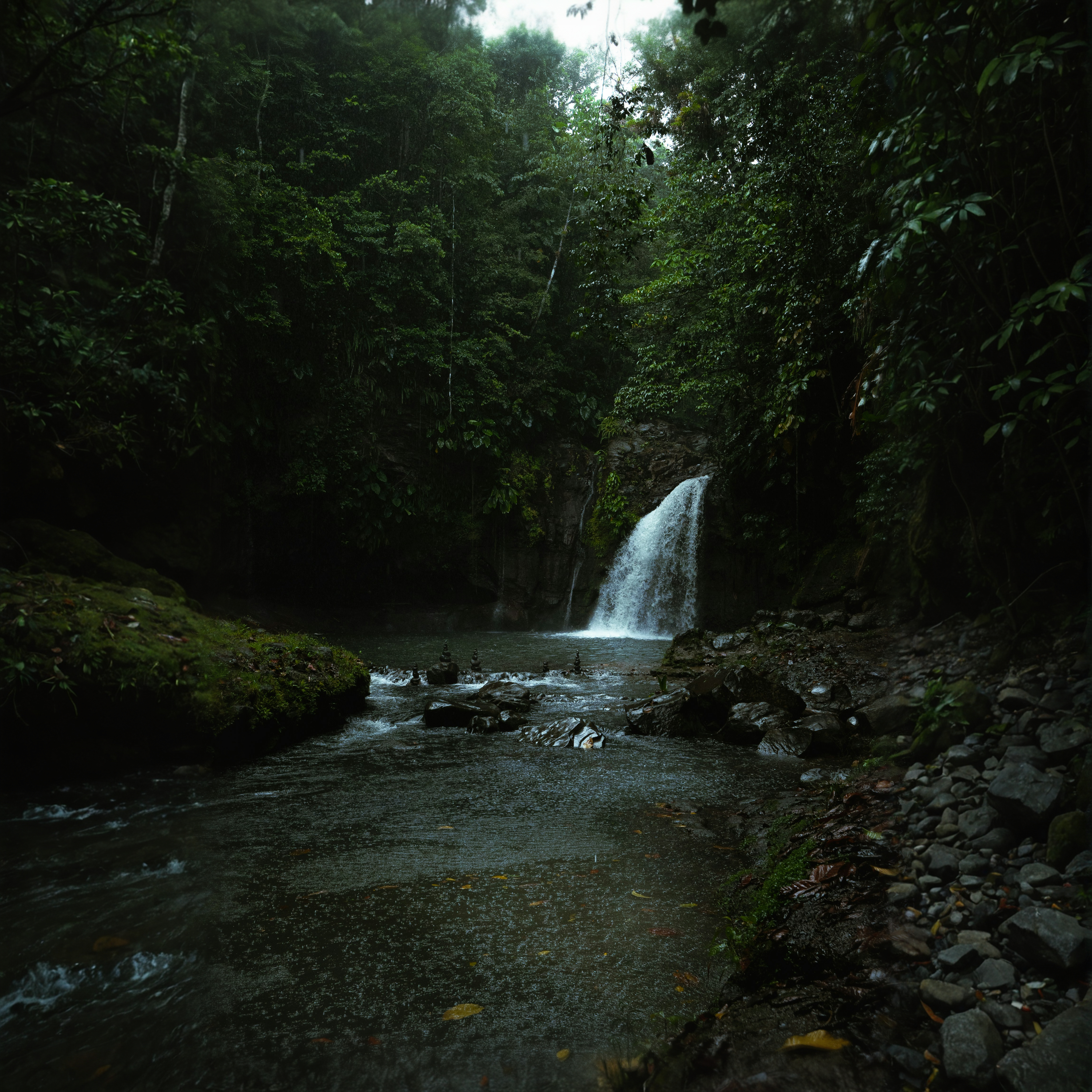 A small waterfall in the middle of a forest