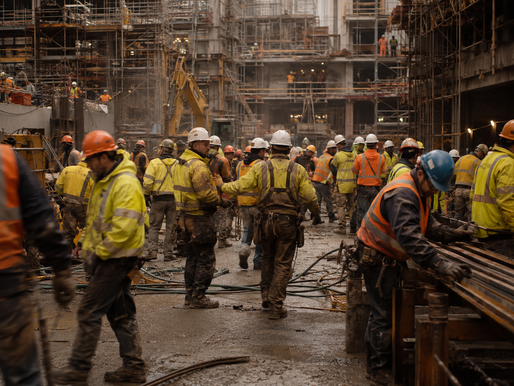 A cinematic-style photograph of a chaotic urban construction site filled with dozens of workers in high-visibility jackets and hard hats. Workers crowd the muddy foreground, many appearing to move in different directions and obstruct one another. Scaffolding, unfinished concrete structures, tangled cables, and heavy machinery dominate the background. The image has a slightly blurred documentary feel with warm, muted tones, conveying organised chaos and constant activity without clear progress.