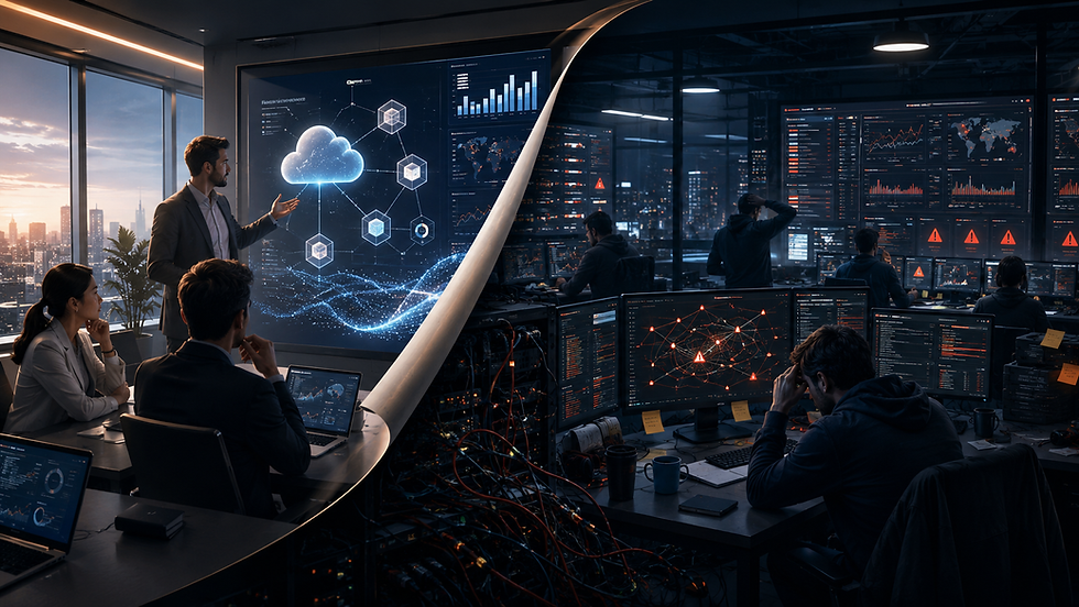 A cinematic split-scene illustration contrasting the promise of cloud transformation with the operational reality of running a modern data platform. On the left, executives sit in a bright, polished boardroom reviewing sleek cloud architecture diagrams and upward-trending dashboards in a calm corporate setting. On the right, engineers work late into the night in a dark operations centre filled with flashing alerts, dense monitoring dashboards, tangled cables, and signs of system failures and incident response. A dramatic curved divide separates the glossy transformation vision from the hidden operational burden behind it.