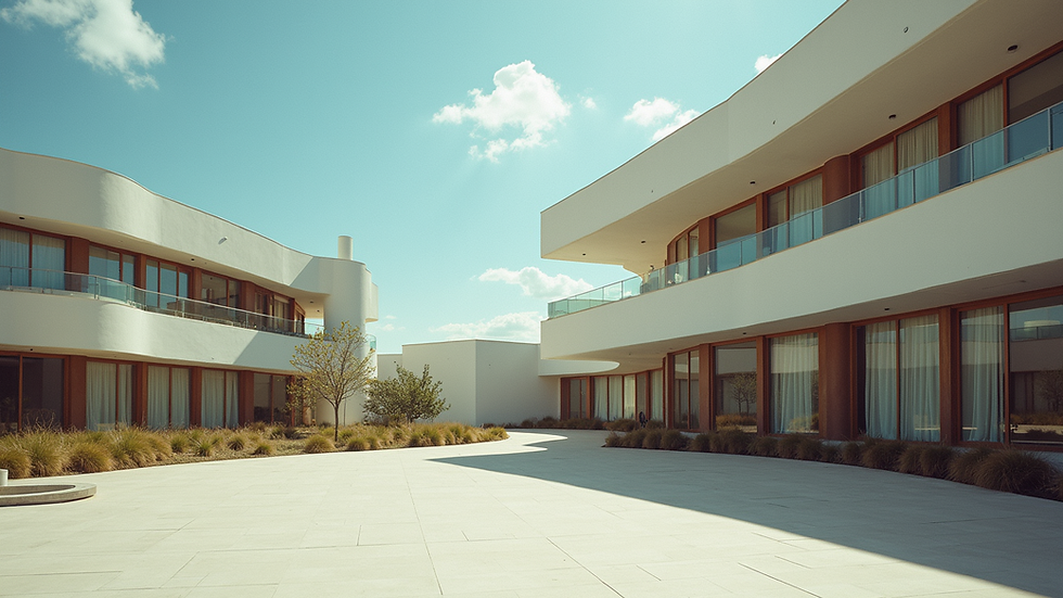 Wide angle view of an outdoor urban photoshoot location with modern architecture