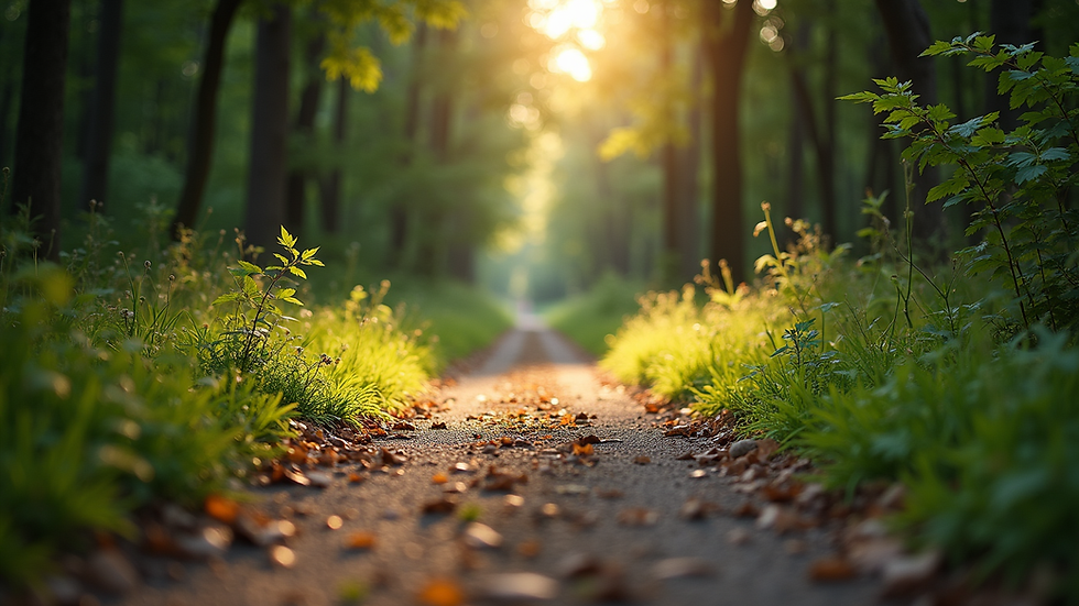 Eye-level view of a serene nature path surrounded by trees