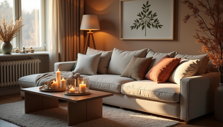 Eye-level view of a cozy living room decorated for holidays with soft lighting and calm colors