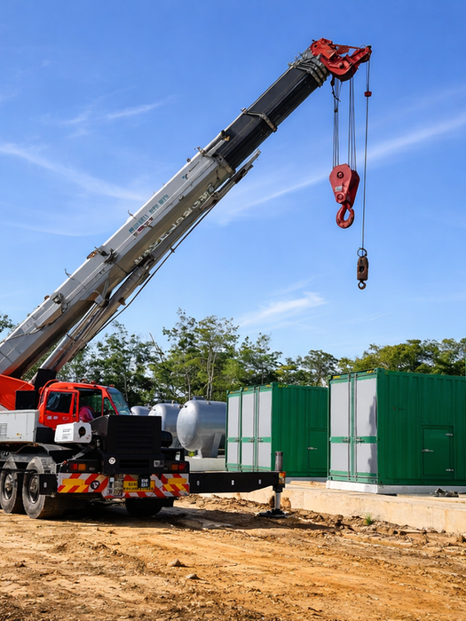Fast and reliable mobile crane rental deployed by Maybell Transport, offering specialized heavy lifting solutions for a major commercial construction project in Kota Kinabalu, Sabah.