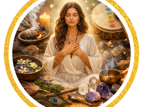 mulher em meditação, em volta ervas sagradas e produtos xamnicos