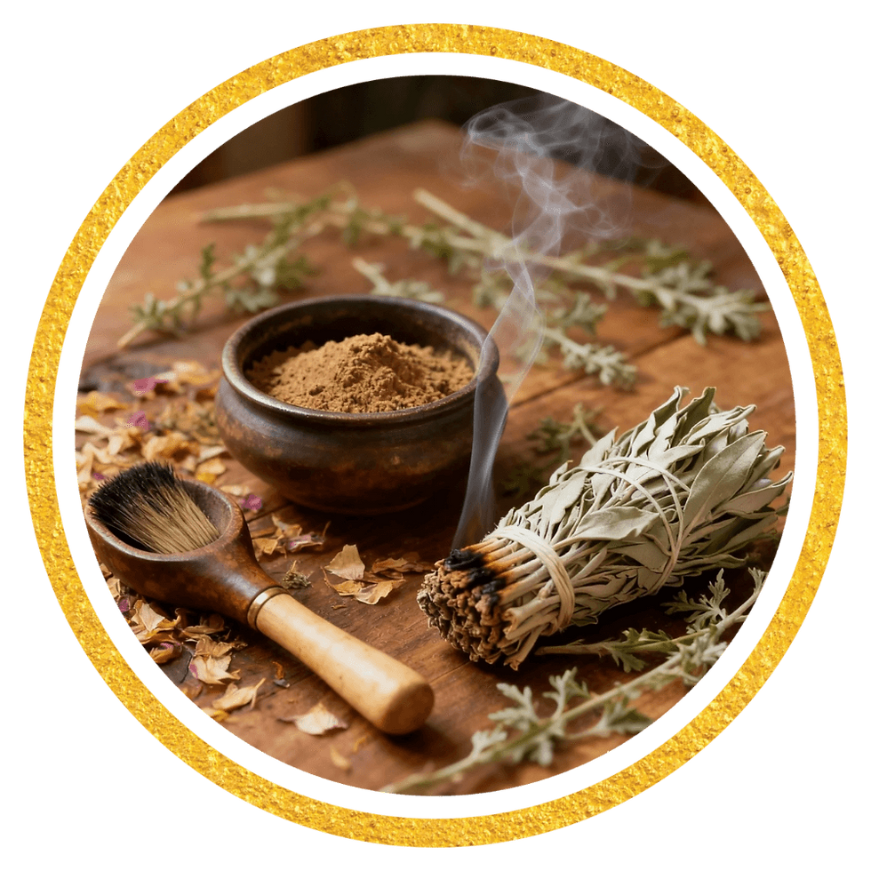 Rituais de Limpeza Energética (Rapé, Ervas, Incensos), em cima de uma mesa de madeira