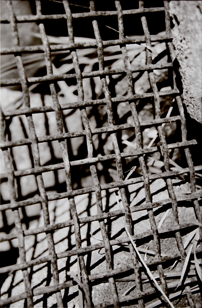 Film photography, black and white photograph, bold composition constructed with the use of line, texture and shadow, a woven metal grate in the foreground, weathered and worn from the elements adds dynamic texture, the bright sun casts bold linear shadows on the pile of large stones in the background, bits of dried grass peek through the stones creating a touch of whimsy to the rigid structure of this high contrast composition.