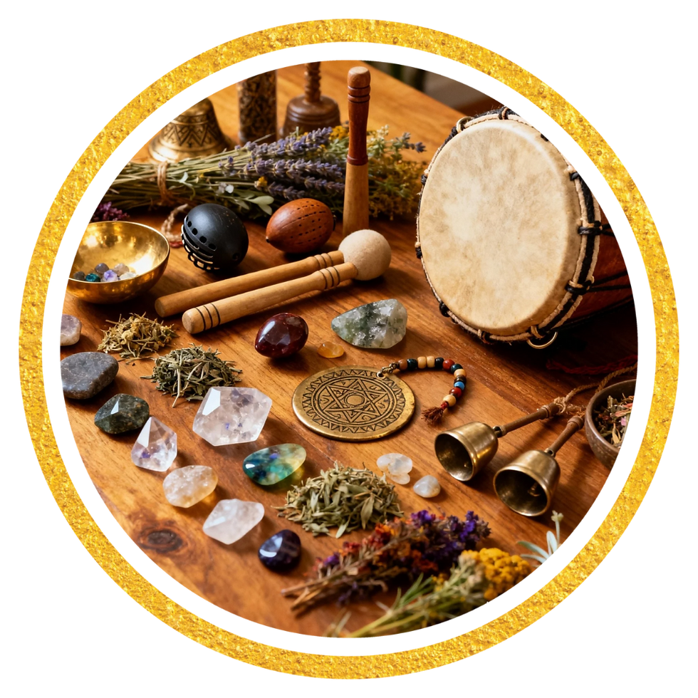 Produtos xamanicos: Pedras, cristais, maraca, tambor, erva, sino, rapé, tudo em cima de uma mesa de madeira