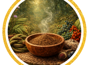 tigela de rapé com plantas de poder em volta