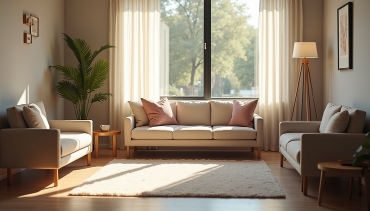 High angle view of a cozy waiting area in a counseling center with soft cushions and natural light