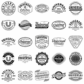 Universal graphic collection featuring customizable black-and-white badges, clean emblem layouts, simple typography designs, and merch-ready artwork for businesses, clubs, events, staff apparel, promotional merchandise, and community groups.