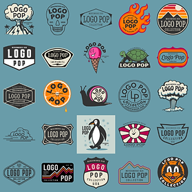 Playful Logo Pop graphic collection featuring customizable character badges, bright accent designs, bold shapes, novelty layouts, and merch-ready artwork for events, clubs, kids’ groups, casual brands, apparel, and community merchandise.