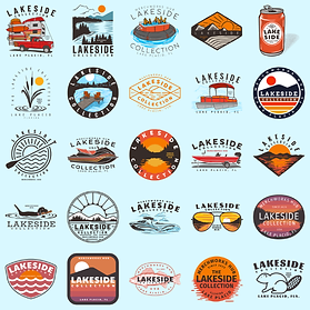 Lakeside-inspired graphic collection featuring customizable lake scenery, docks, pontoons, kayaks, fishing artwork, waterfront badges, sunset graphics, and merch-ready designs for lake communities, marinas, vacation groups, waterfront events, apparel, and custom merchandise.
