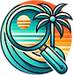 Company Logo, Teals, Greens, Oranges, Abstract photo of a wave surrounding a magnifying glass over the sun with a palm tree