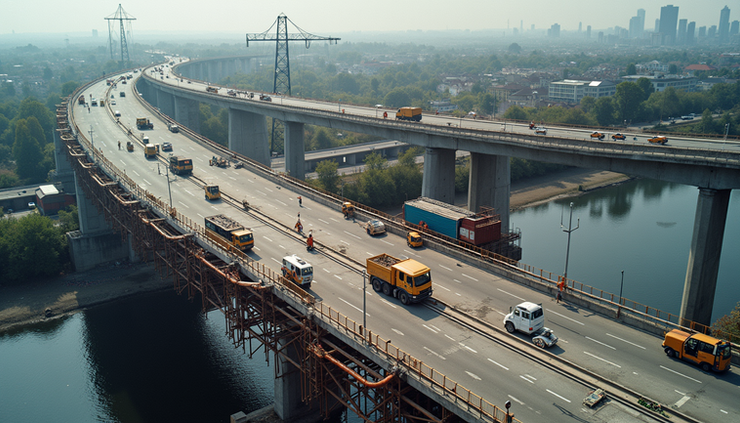 High angle view of a partially rebuilt bridge with scaffolding and workers
