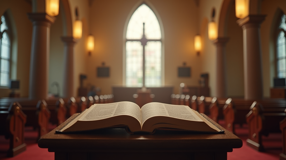 Eye-level view of a church pulpit with an open Bible
