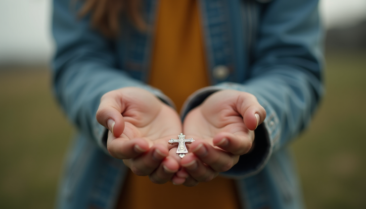Close-up view of a person holding a cross pendant against a blurred natural background