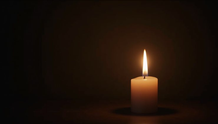 Eye-level view of a single candle burning brightly in a dark room