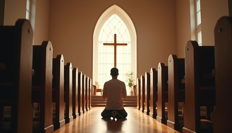 Eye-level view of a person kneeling in prayer in a quiet chapel