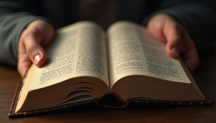Close-up view of a person’s hands holding a Bible with highlighted passages