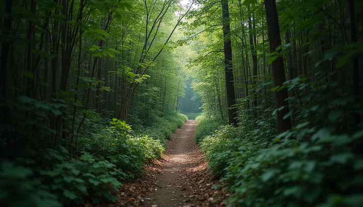 High angle view of a narrow path winding through a dense forest