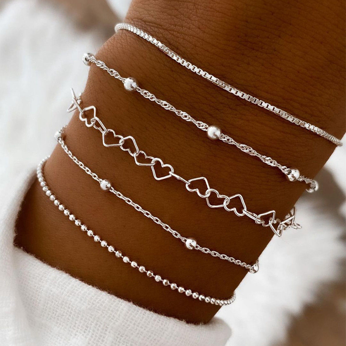 5pcs/set Exquisite Gold/Silver Color Thin Heart Chain Bracelets Set For Women Da