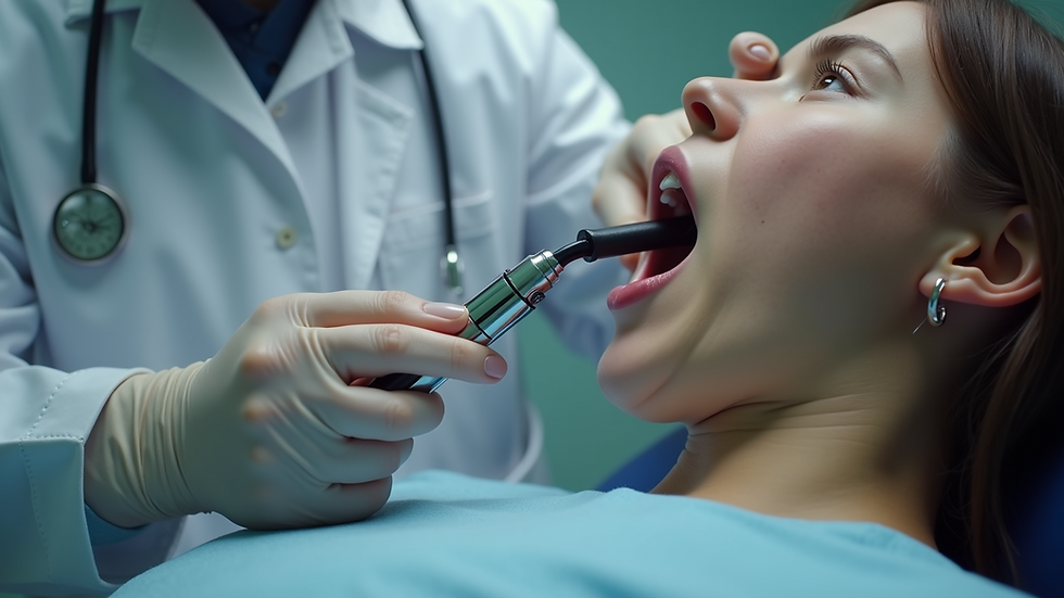Close-up view of a doctor examining a patient's throat with an endoscope
