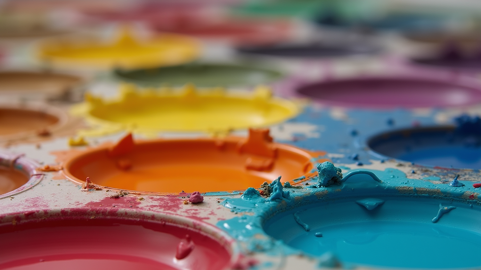 Close-up view of a vibrant paint palette with various colors