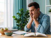 Imagem horizontal realista em 4:3 de um homem adulto de 35 anos sentado em mesa de trabalho em casa, com expressão de alívio e foco, olhando para planner organizado e tigela de nozes e frutas, notebook aberto ao lado. Fundo com janela e luz natural suave, planta verde, simbolizando equilíbrio entre trabalho, mente e nutrição. Paleta calma de azul, verde e bege claro transmitindo paz e bem-estar.