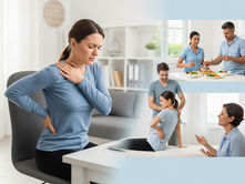 Imagem horizontal realista em 4:3 de uma mulher com dor nas costas no home office (tensão muscular estresse) e, ao lado, a mesma mulher relaxada em sessão de fisioterapia, com nutricionista e psicólogo ao fundo, simbolizando alívio integrado. Paleta suave de azul, verde e bege transmitindo equilíbrio e bem-estar.