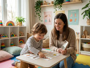 Criança em sessão de fonoaudiologia com fonoaudióloga profissional em consultório aconchegante, realizando atividade lúdica de estimulação da fala e linguagem.