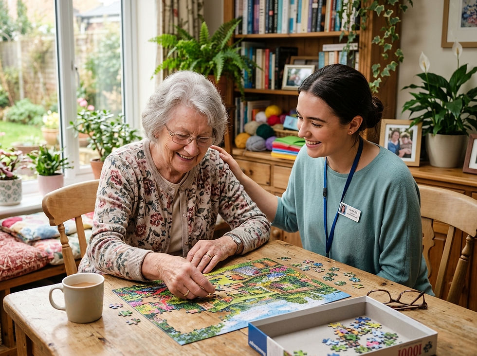 Imagem horizontal realista de uma idosa de cerca de 70 anos sorrindo com satisfação enquanto resolve um quebra-cabeça colorido em uma mesa clara e acolhedora. Ao seu lado, uma terapeuta ocupacional jovem observa com atenção e carinho.