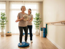 Idosa realizando exercício de equilíbrio em estúdio de fisioterapia com suporte profissional, demonstrando prevenção de quedas, força e independência na terceira idade