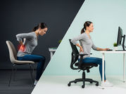 Imagem horizontal realista em 4:3 mostrando antes e depois: mulher com má postura no home office sentindo dor nas costas (lado esquerdo escuro), e a mesma mulher com postura corrigida, cadeira ergonômica e sorriso aliviado (lado direito claro), simbolizando transformação pela fisioterapia.