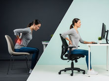 Imagem horizontal realista em 4:3 mostrando antes e depois: mulher com má postura no home office sentindo dor nas costas (lado esquerdo escuro), e a mesma mulher com postura corrigida, cadeira ergonômica e sorriso aliviado (lado direito claro), simbolizando transformação pela fisioterapia.