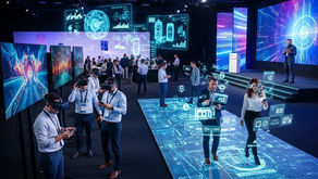 Equipe de vendas engajada em convenção futurista com VR, jogos interativos, video mapping, AR e hologramas para treinamento inovador.