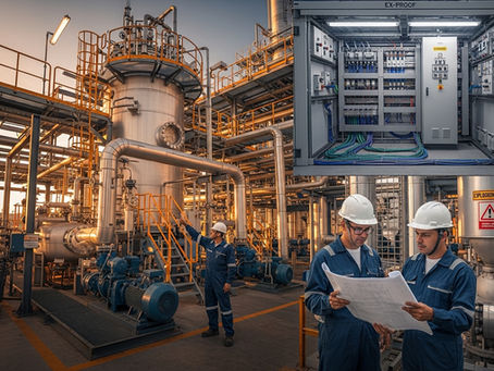 Planta Petroflex em Duque de Caxias-RJ, com reatores, tanques e CCMs em área classificada, contexto de projeto elétrico pela Frontal Engenharia em 2006.